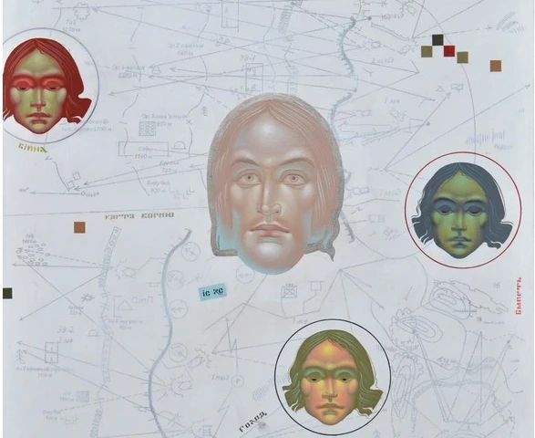 Vier verschiedene Abbildungen von einem Kopf sind auf einer Landkarte abgebildet.