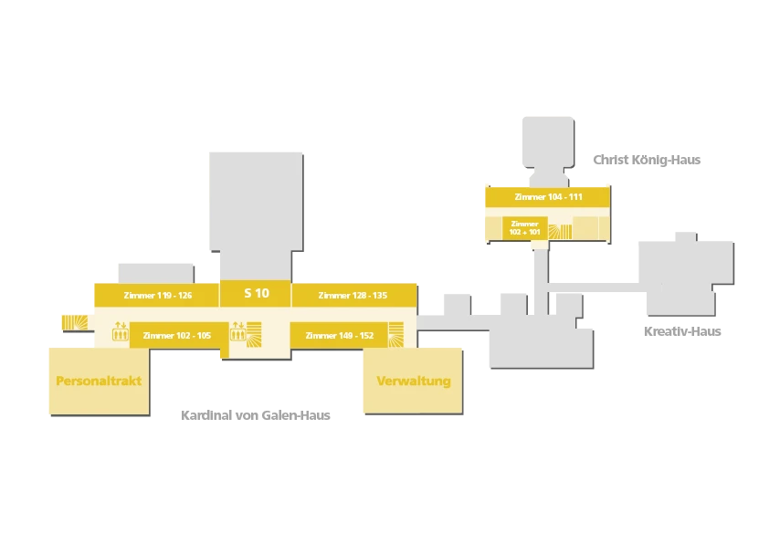 Ein Lageplan der ersten Etage der Katholischen Akademie Stapelfeld zeigt die Raumaufteilung und dessen Beschriftung.