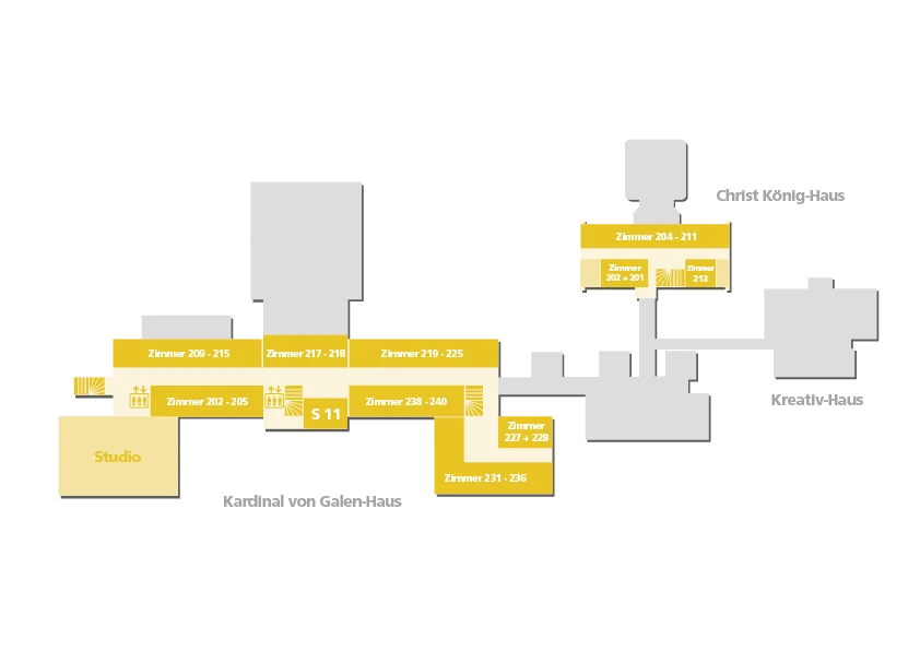Ein Lageplan der zweiten Etage der Katholischen Akademie Stapelfeld zeigt die Raumaufteilung und dessen Beschriftung.