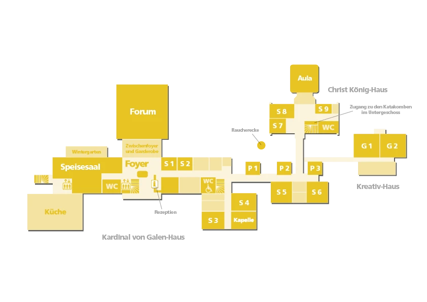 Ein Lageplan des Erdgeschosses der Katholischen Akademie Stapelfeld zeigt die Raumaufteilung und dessen Beschriftung.